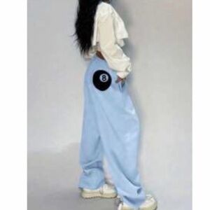 Light Blue Wide-Leg Pants with Eight Ball Patch
